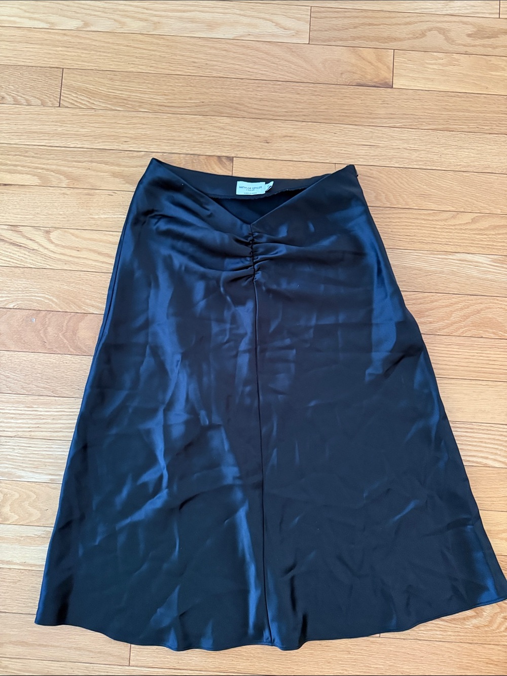 Satin Midi Skirt in Black with Front Twist Detail